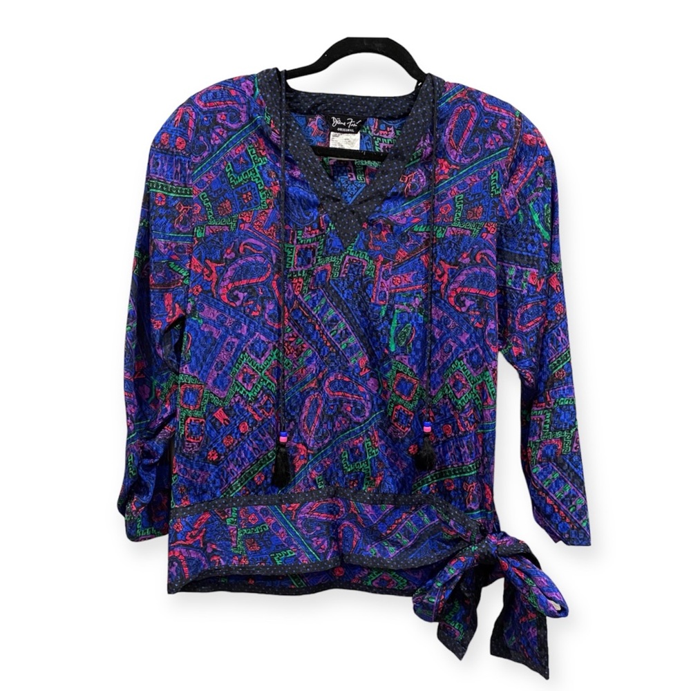 Vintage Diane Freis Original Retro 80s V-Neck Blouse Side Tie Shoulder Pads Blue